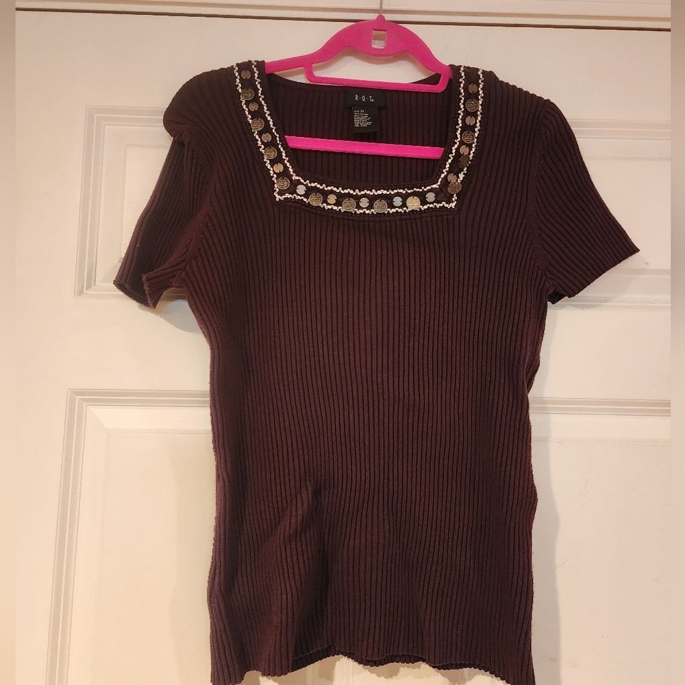 R&L Brown Embellished Square Neck Ribbed Top